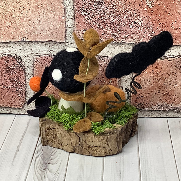 Pumpkin, Bat & Mushroom with Flora on Natural Wood Base/Halloween