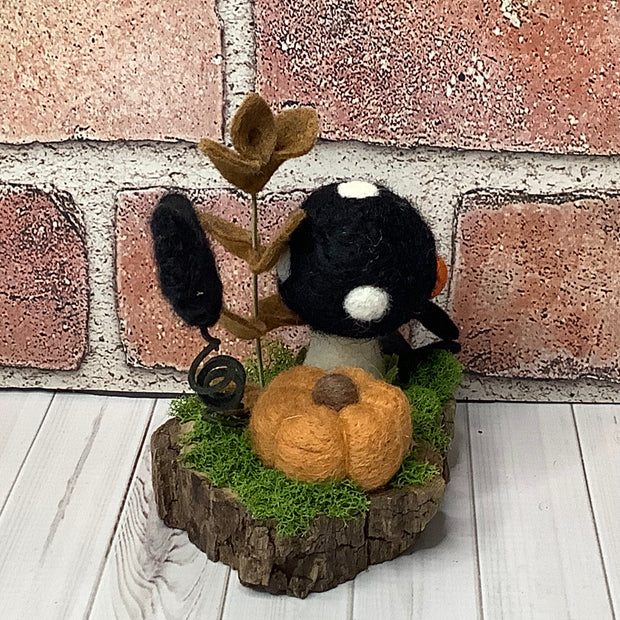 Pumpkin, Bat & Mushroom with Flora on Natural Wood Base/Halloween