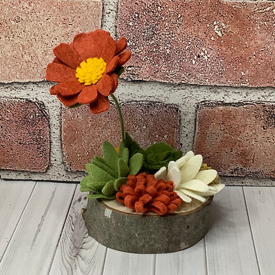 Rusty Autumn Flower Garden on Natural Wood Base