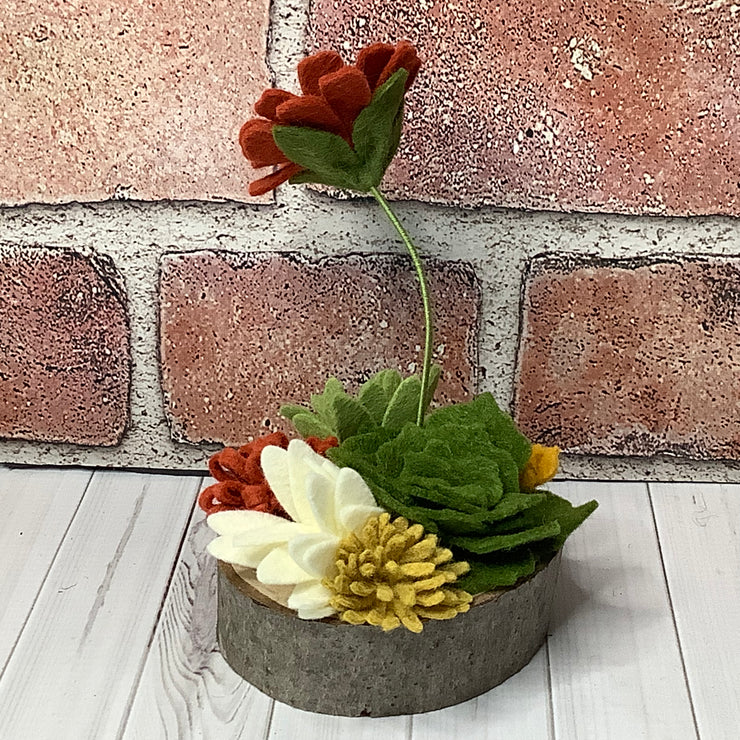 Rusty Autumn Flower Garden on Natural Wood Base