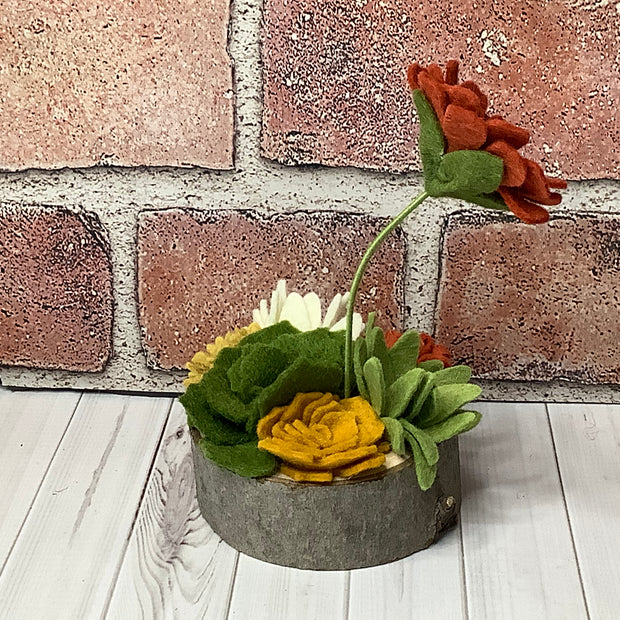 Rusty Autumn Flower Garden on Natural Wood Base