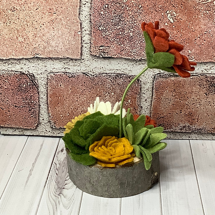 Rusty Autumn Flower Garden on Natural Wood Base