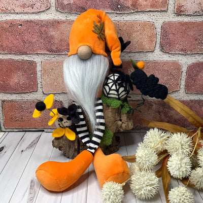 Rocco/Orange Velvet Gnome, Skully, Spiderweb, Bat & Flora on Natural Wood Base/Halloween