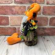 Rocco/Orange Velvet Gnome, Skully, Spiderweb, Bat & Flora on Natural Wood Base/Halloween
