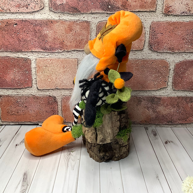 Rocco/Orange Velvet Gnome, Skully, Spiderweb, Bat & Flora on Natural Wood Base/Halloween