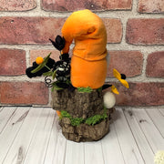 Rocco/Orange Velvet Gnome, Skully, Spiderweb, Bat & Flora on Natural Wood Base/Halloween