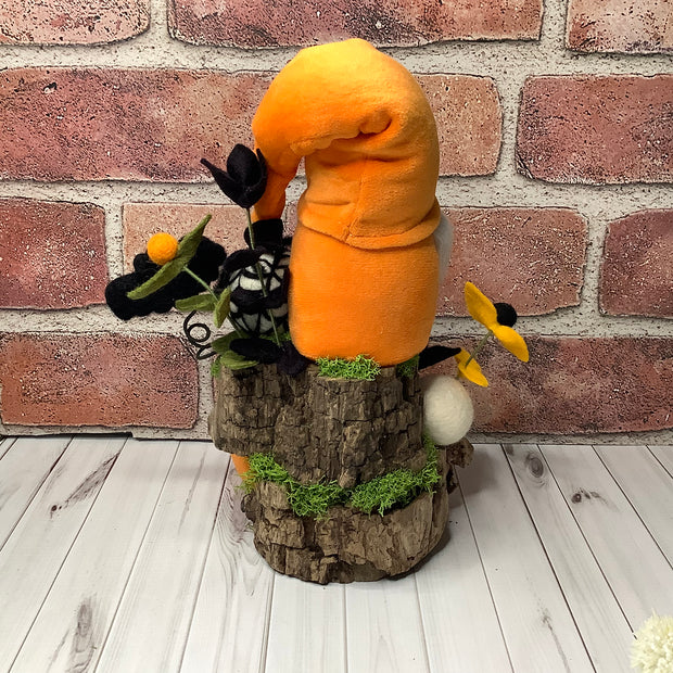 Rocco/Orange Velvet Gnome, Skully, Spiderweb, Bat & Flora on Natural Wood Base/Halloween