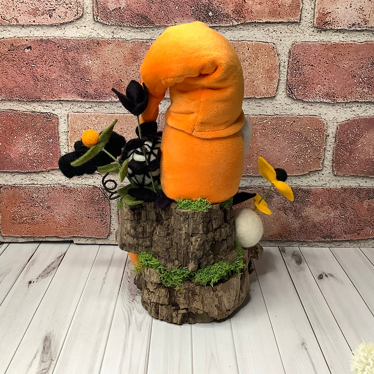 Rocco/Orange Velvet Gnome, Skully, Spiderweb, Bat & Flora on Natural Wood Base/Halloween