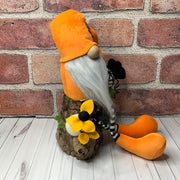 Rocco/Orange Velvet Gnome, Skully, Spiderweb, Bat & Flora on Natural Wood Base/Halloween