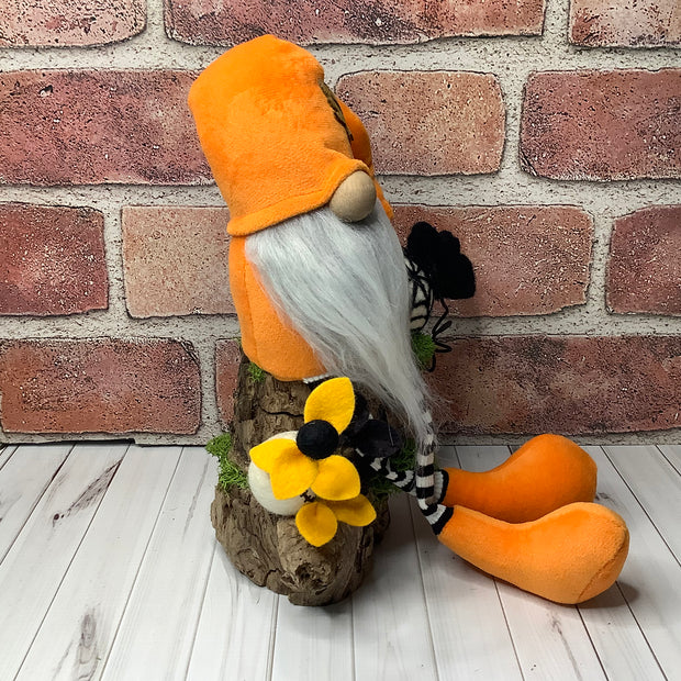 Rocco/Orange Velvet Gnome, Skully, Spiderweb, Bat & Flora on Natural Wood Base/Halloween