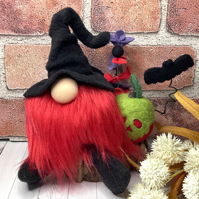 Hexley/Witchy Gnome, Poison Apple, Bat & Flora on Natural Wood Base/Halloween