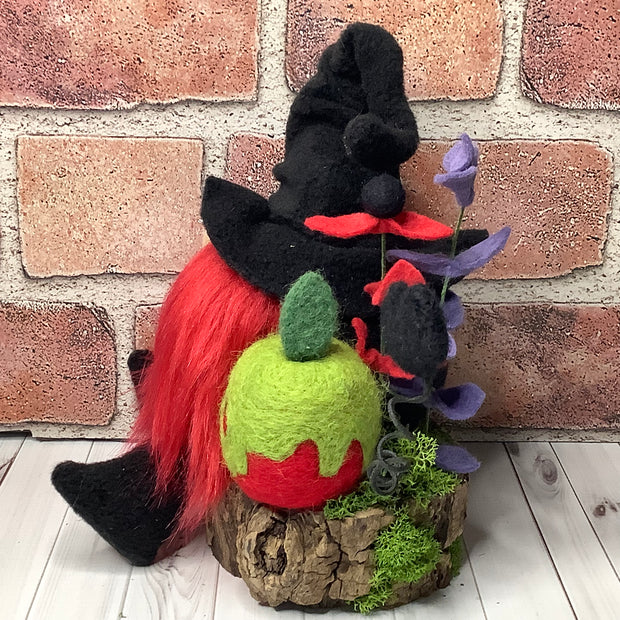 Hexley/Witchy Gnome, Poison Apple, Bat & Flora on Natural Wood Base/Halloween