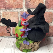 Hexley/Witchy Gnome, Poison Apple, Bat & Flora on Natural Wood Base/Halloween