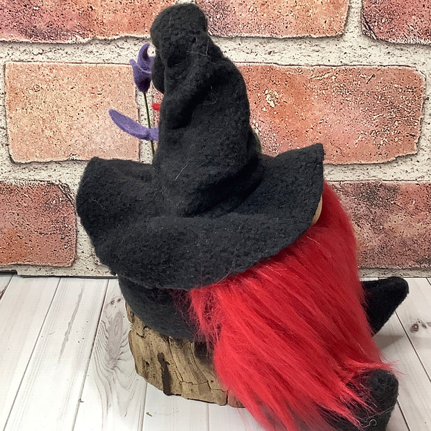 Hexley/Witchy Gnome, Poison Apple, Bat & Flora on Natural Wood Base/Halloween
