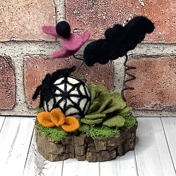 Spider with Web & Bat with Flora on Natural Wood Base/Halloween