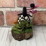 Spider with Web & Bat with Flora on Natural Wood Base/Halloween
