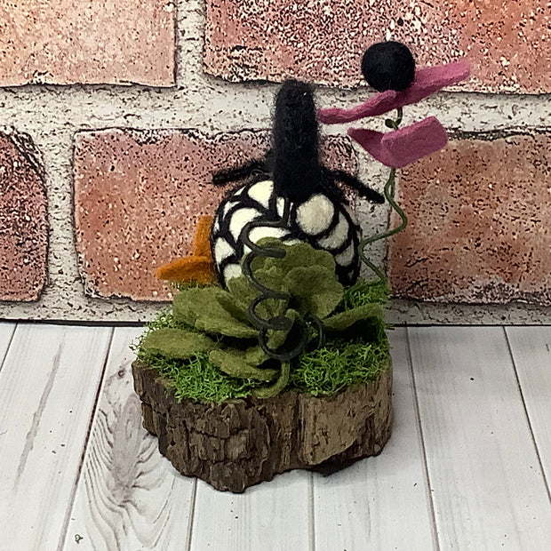 Spider with Web & Bat with Flora on Natural Wood Base/Halloween