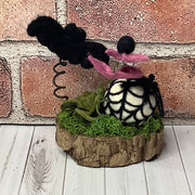 Spider with Web & Bat with Flora on Natural Wood Base/Halloween