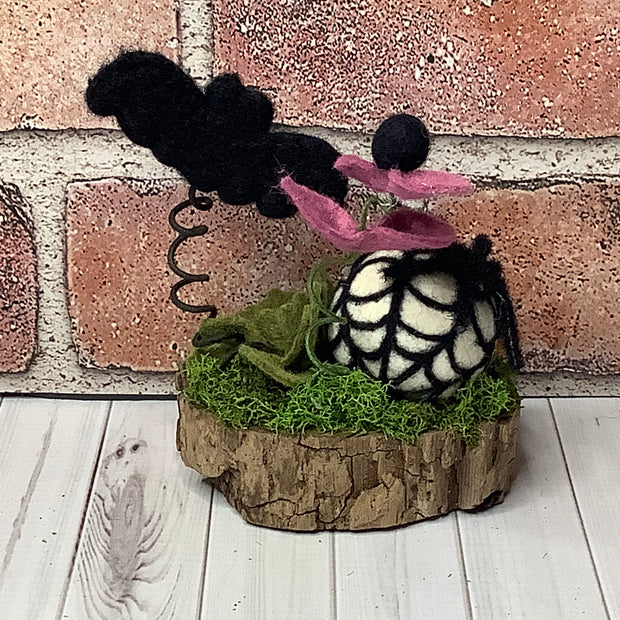 Spider with Web & Bat with Flora on Natural Wood Base/Halloween