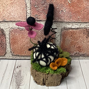 Spider with Web & Bat with Flora on Natural Wood Base/Halloween