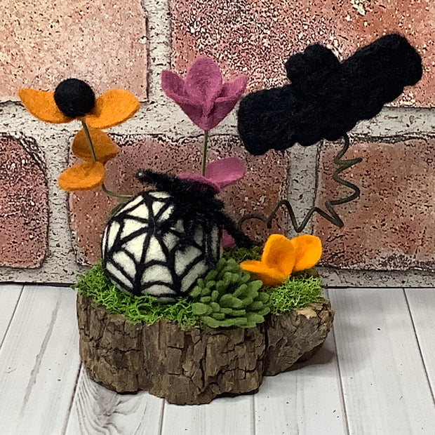 Spiderweb & Bat with Flora on Natural Wood Base/Halloween