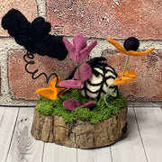 Spiderweb & Bat with Flora on Natural Wood Base/Halloween
