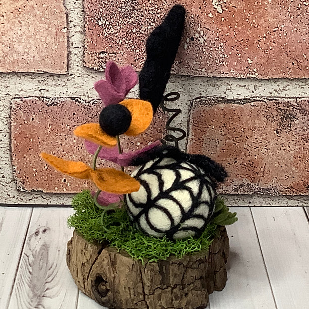 Spiderweb & Bat with Flora on Natural Wood Base/Halloween
