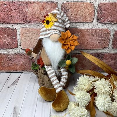 Jax/Striped Hat Gnome & Flora on Natural Wood Base