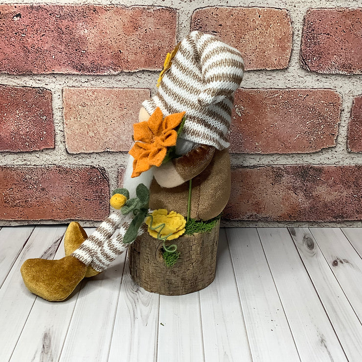 Jax/Striped Hat Gnome & Flora on Natural Wood Base