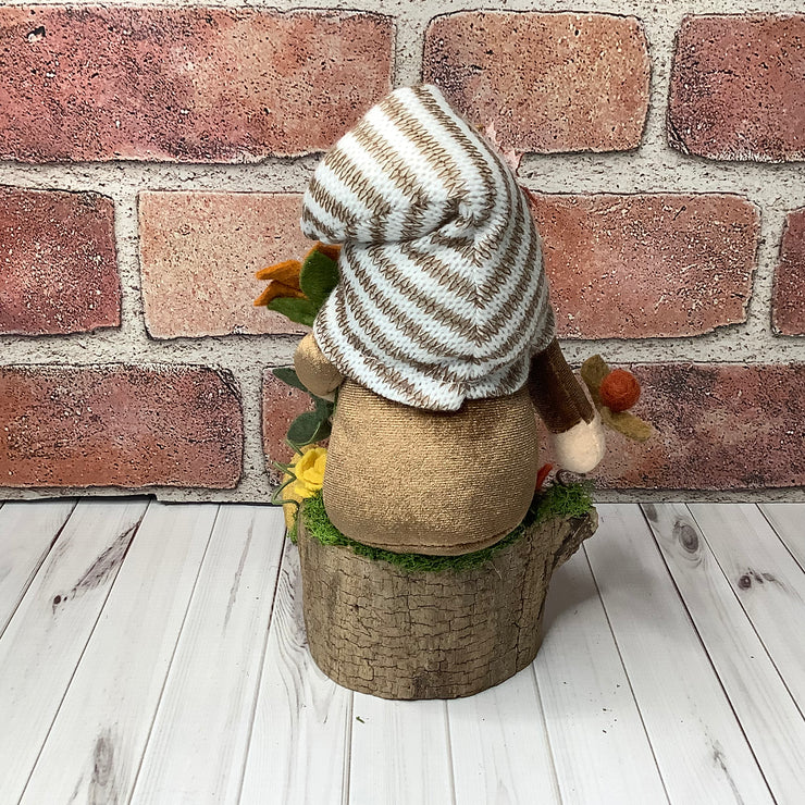 Jax/Striped Hat Gnome & Flora on Natural Wood Base