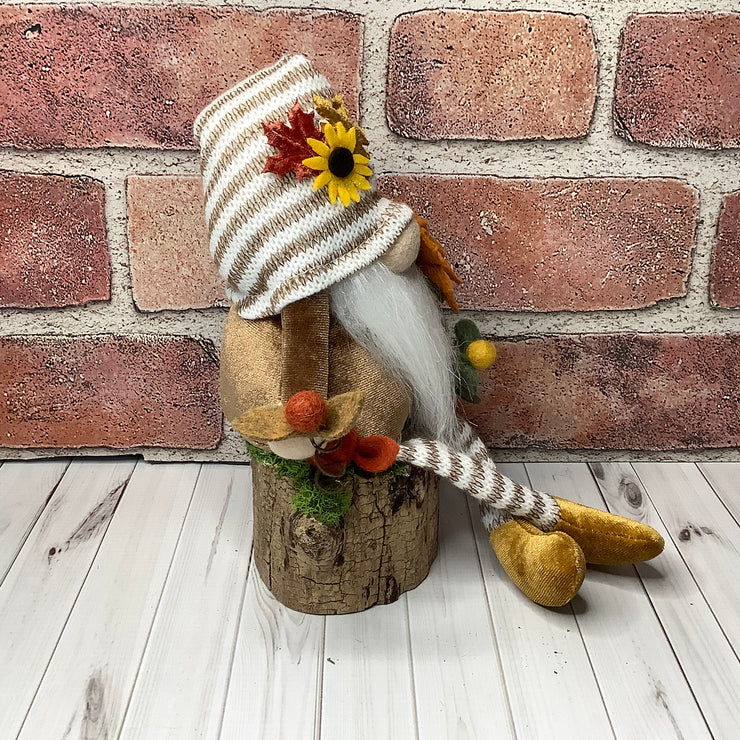 Jax/Striped Hat Gnome & Flora on Natural Wood Base