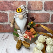 Olly/Striped Hat Gnome with Pumpkins & Flora on Natural Wood Base