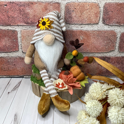 Olly/Striped Hat Gnome with Pumpkins & Flora on Natural Wood Base