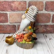 Olly/Striped Hat Gnome with Pumpkins & Flora on Natural Wood Base