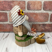 Olly/Striped Hat Gnome with Pumpkins & Flora on Natural Wood Base