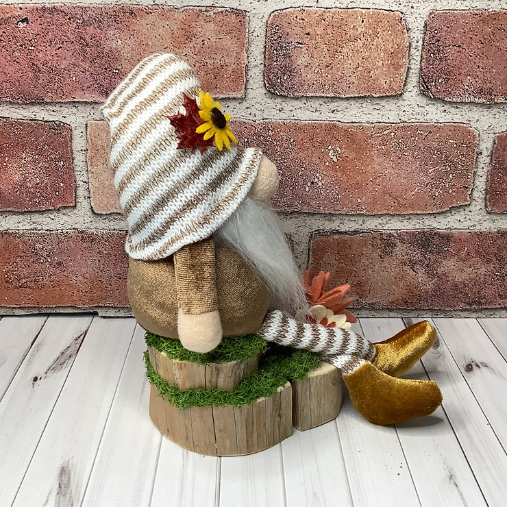 Olly/Striped Hat Gnome with Pumpkins & Flora on Natural Wood Base