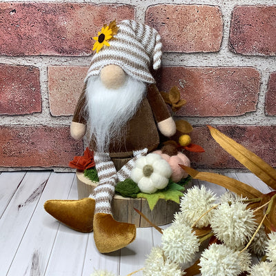 Finn/Striped Hat Gnome with Pumpkins & Flora on Natural Wood Base