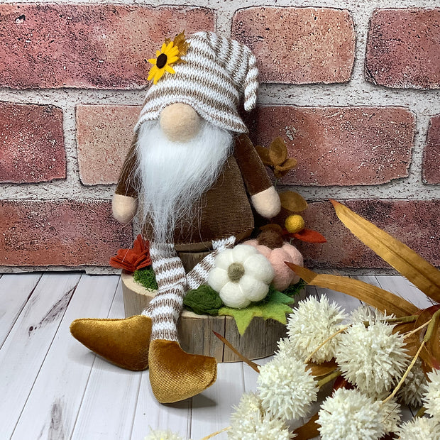 Finn/Striped Hat Gnome with Pumpkins & Flora on Natural Wood Base