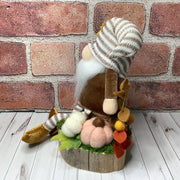 Finn/Striped Hat Gnome with Pumpkins & Flora on Natural Wood Base
