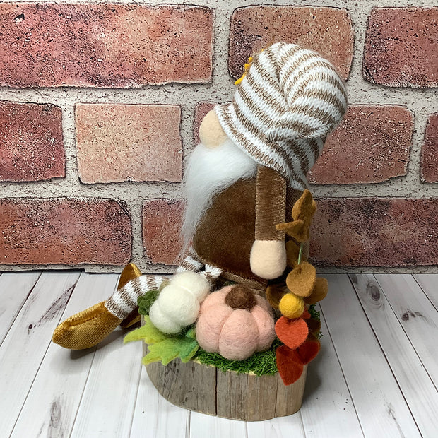 Finn/Striped Hat Gnome with Pumpkins & Flora on Natural Wood Base