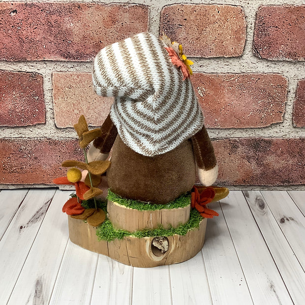 Finn/Striped Hat Gnome with Pumpkins & Flora on Natural Wood Base