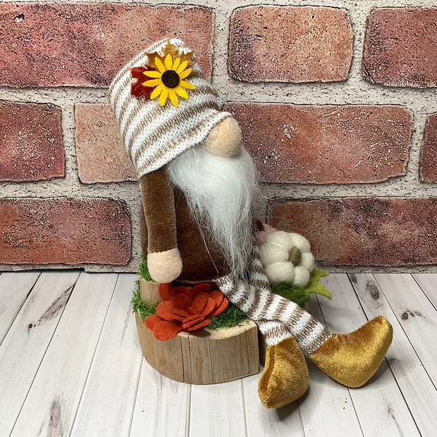 Finn/Striped Hat Gnome with Pumpkins & Flora on Natural Wood Base