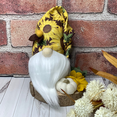 Leif/Sunflower Hat Gnome, Pumpkin & Flora on Natural Wood Base