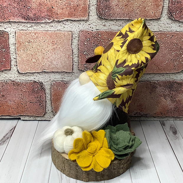 Leif/Sunflower Hat Gnome, Pumpkin & Flora on Natural Wood Base