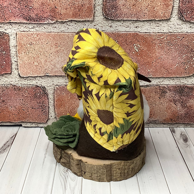 Leif/Sunflower Hat Gnome, Pumpkin & Flora on Natural Wood Base
