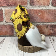 Leif/Sunflower Hat Gnome, Pumpkin & Flora on Natural Wood Base