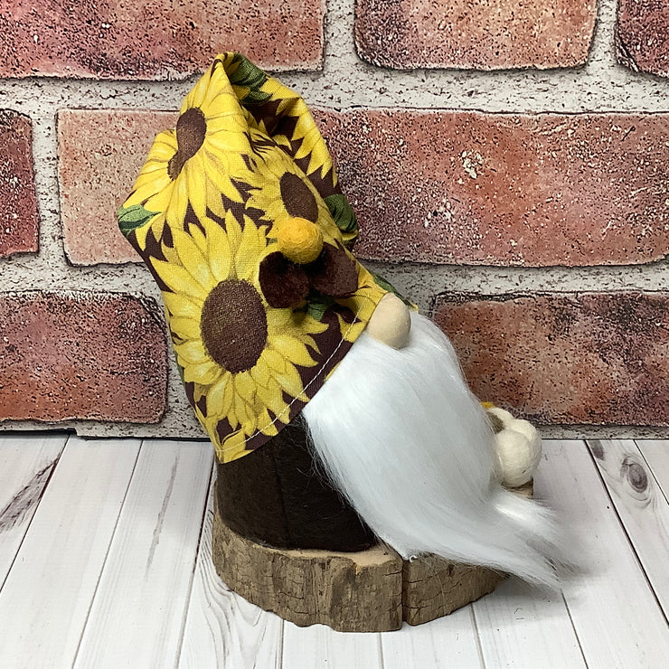 Leif/Sunflower Hat Gnome, Pumpkin & Flora on Natural Wood Base