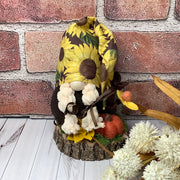 Maisie/Sunflower Hat Girl Gnome, Pumpkin & Flora on Natural Wood Base