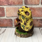 Maisie/Sunflower Hat Girl Gnome, Pumpkin & Flora on Natural Wood Base