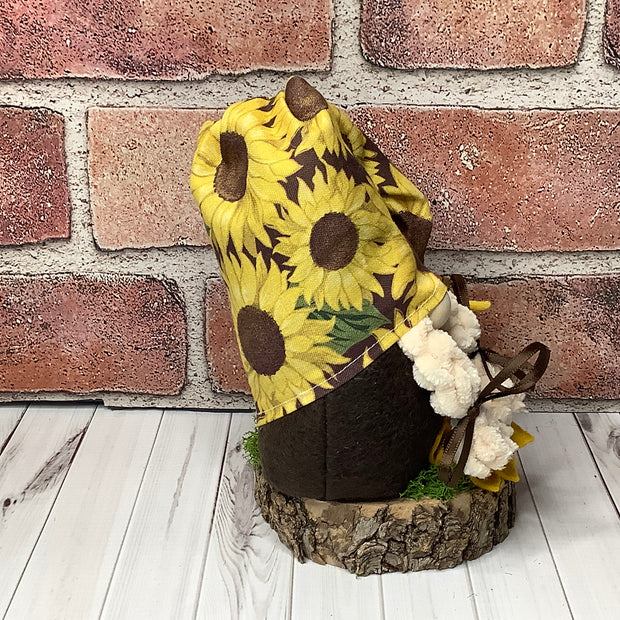 Maisie/Sunflower Hat Girl Gnome, Pumpkin & Flora on Natural Wood Base